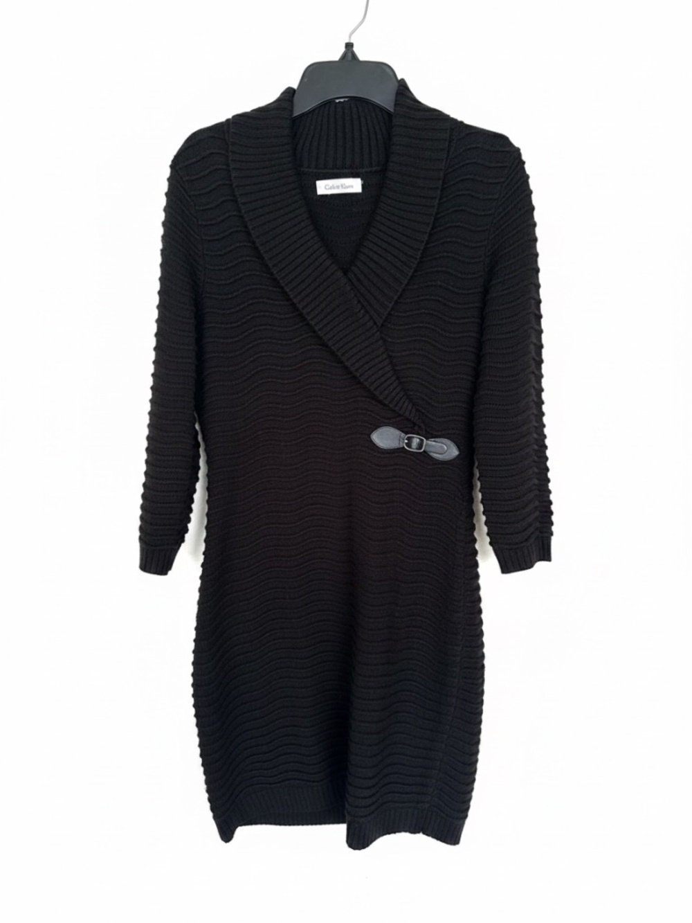 Calvin Klein Black Wavy Knit Sweater Dress | Buckle Detail | S/M